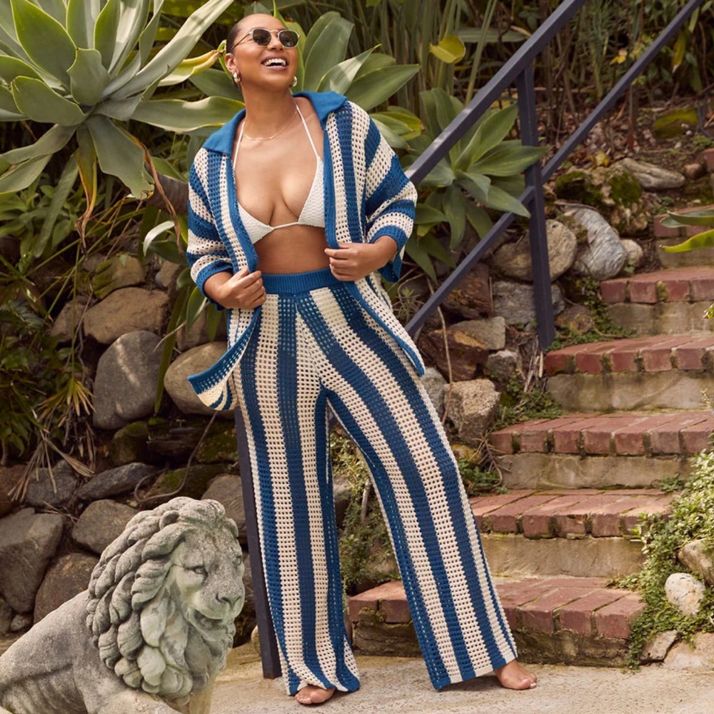 Vici Navy and Cream Striped Swim Coverup Set- size small top and medium bottoms